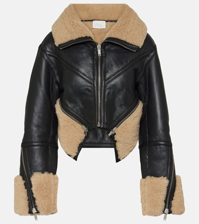 Shop Dion Lee Reversible Leather And Shearling Cropped Jacket In Black