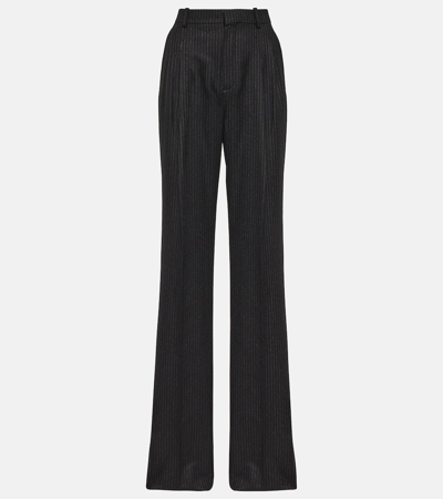 Shop Saint Laurent Pinstripe High-rise Wool Wide-leg Pants In Black