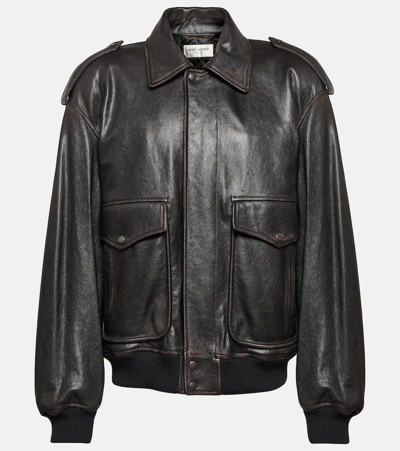 Shop Saint Laurent Leather Blouson Jacket In Brown