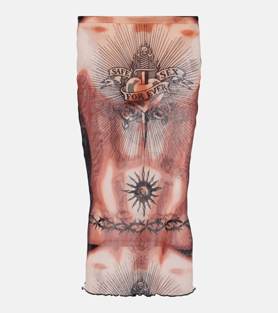 Shop Jean Paul Gaultier Tattoo Collection Mesh Midi Skirt In Brown