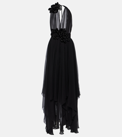 Shop Dolce & Gabbana Floral-appliqué Silk Chiffon Gown In Black