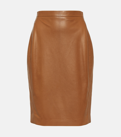 Shop Saint Laurent High-rise Leather Pencil Skirt In Brown