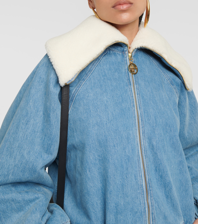Shop Patou Denim And Faux Shearling Bomber Jacket In Blue