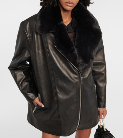 Shop Magda Butrym Faux Fur-trimmed Leather Jacket In Black