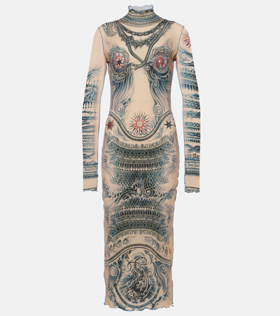 Shop Jean Paul Gaultier Tattoo Collection Sheer Midi Dress In Multicoloured