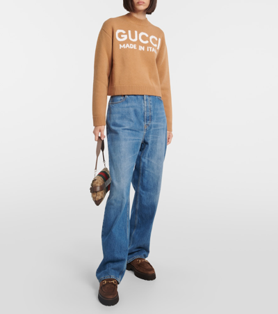 Shop Gucci Intarsia Cropped Wool Sweater In Brown