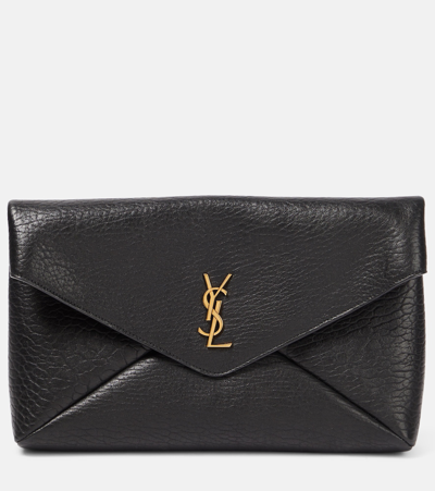 Saint Laurent Cassandre Textured-leather Clutch In Black