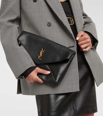 Saint Laurent Cassandre Textured-leather Clutch In Black
