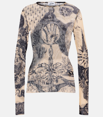 Shop Jean Paul Gaultier Tattoo Collection Printed Mesh Top In Multicoloured