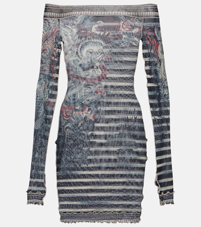 Shop Jean Paul Gaultier Tattoo Collection Mesh Minidress In Blue