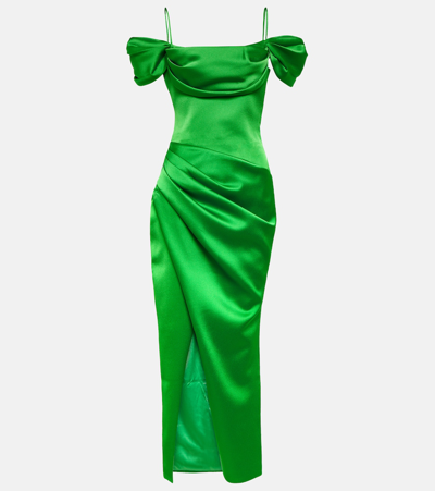 Shop Rasario Draped Off-shoulder Satin Midi Dress In Green