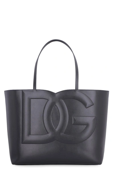 Shop Dolce & Gabbana Dg Logo Leather Tote Bag In Black