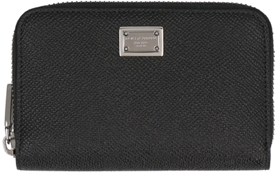 Dolce & Gabbana Small Calfskin Zip-around Wallet With Logo Tag In Black