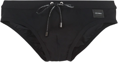 Dolce & Gabbana Black Swim Brief With Metallic Dg Logo In Stretch Polyamide Man In Black