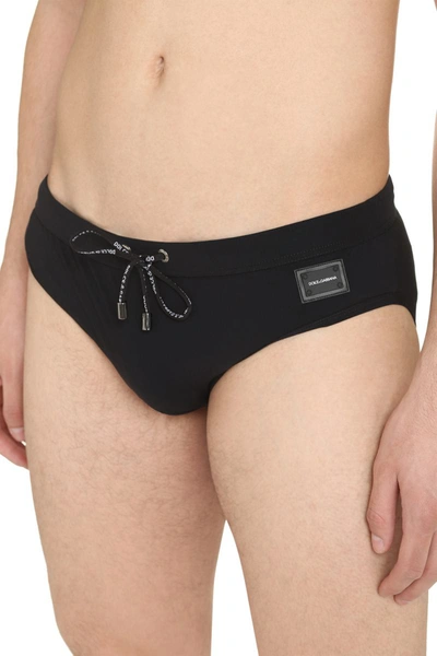 Dolce & Gabbana Black Swim Brief With Metallic Dg Logo In Stretch Polyamide Man In Black