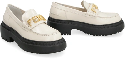 Shop Fendi Graphy Leather Loafers In White