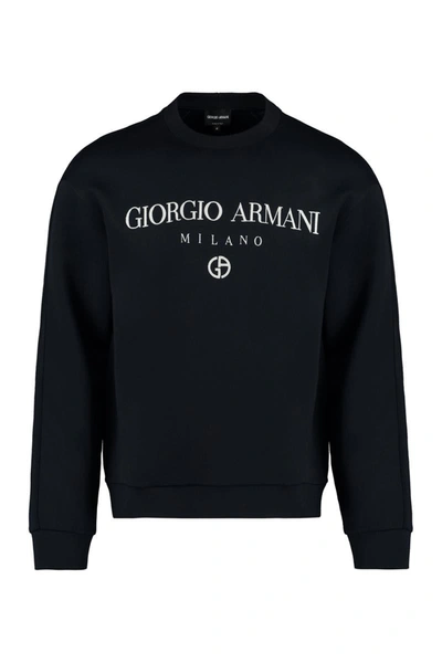 Shop Giorgio Armani Embroidered Logo Crew-neck Sweatshirt In Blue