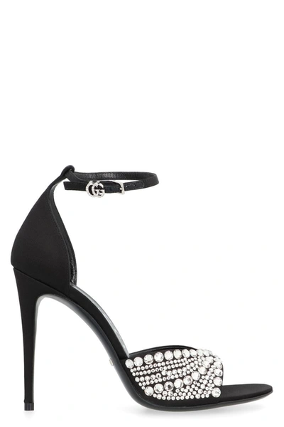 Shop Gucci Embellished Satin Sandals In Black