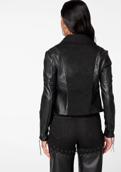 Shop Bebe Cropped Vegan Leather Combo Tailored Moto Blazer In Black