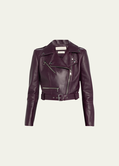 Shop Alexander Mcqueen Cropped Leather Biker Jacket In Nightshade