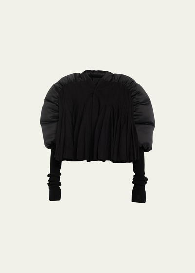 Shop Rick Owens Mixed-media Cropped Puffer-sleeve Ruffle Jacket In Black