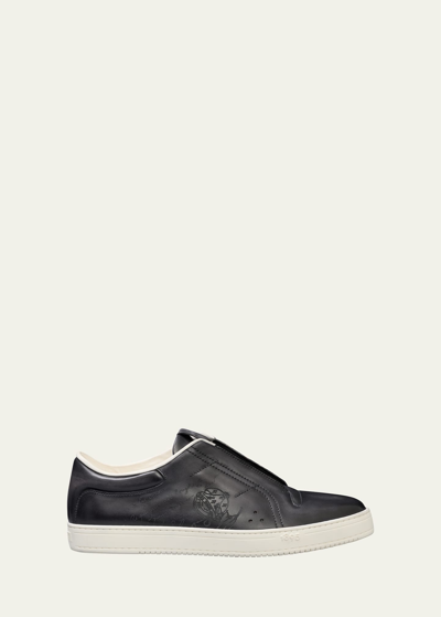 Shop Berluti Men's Playtime Scritto Leather Slip-on Sneakers In Dark Grey