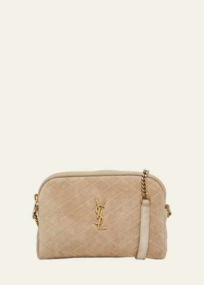Shop Saint Laurent Gaby Mini Ysl Crossbody Bag In Quilted Suede In Matt Gold