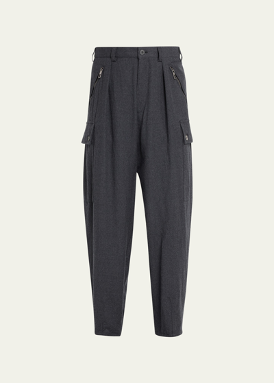 Shop Giorgio Armani Men's Pleated Wool Cargo Trousers In Dark Grey