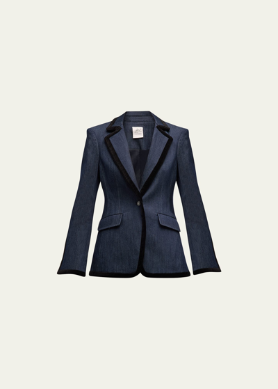 Shop Cinq À Sept Ariane Contrast-trim Tailored Denim Jacket In Indigoblack