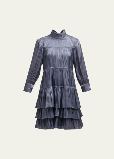 Shop Cinq À Sept Riva Satin Plisse Tiered Turtleneck Mini Dress In Slate