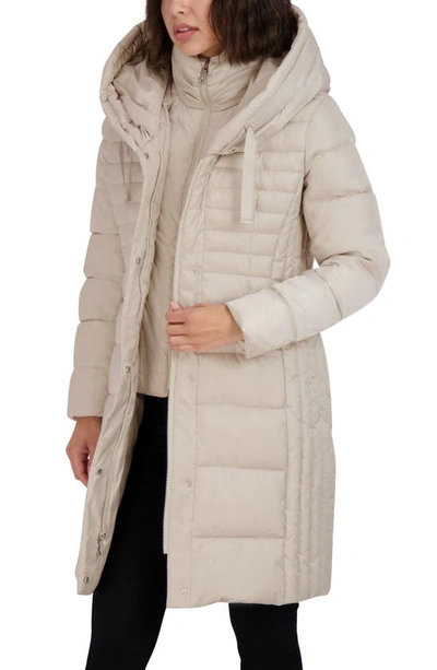 Shop Tahari Casey Hooded Bib Puffer Jacket In Pale Oak