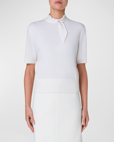 Shop Akris Cashmere Short Pullover With Knot Detail In Ecru