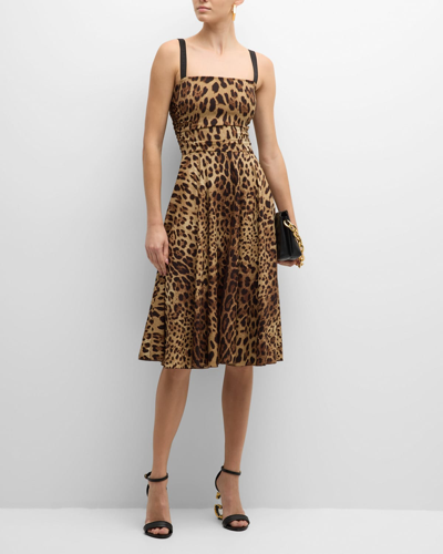Shop Dolce & Gabbana Leopard-print Ruched Sleeveless Slit-hem Midi Dress In Ltbrownprt