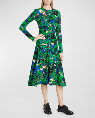 Shop Erdem Floral-print Long-sleeve Gathered Midi Dress In Green