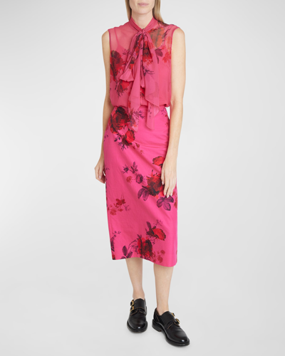Shop Erdem Floral-print Midi Pencil Skirt In Cerise
