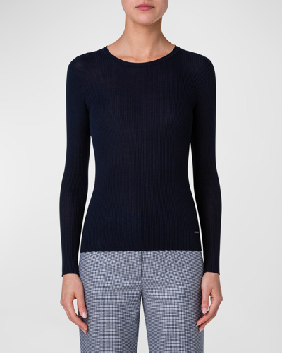 Shop Akris Silk Cotton Seamless Rib Fitted Sweater In Navy
