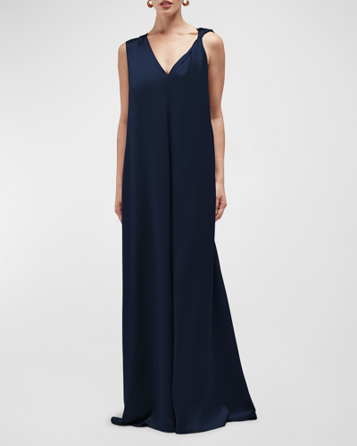 Shop Careste Faith Sleeveless Silk Trapeze Maxi Dress In Midnight Blue