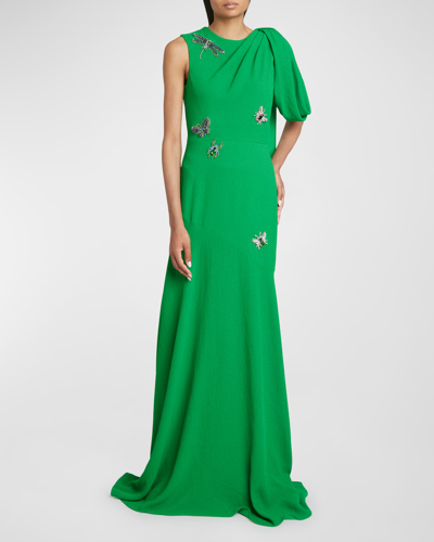 Shop Erdem Crystal Bug Shoulder-drape Sleeveless Gown In Kelly Green