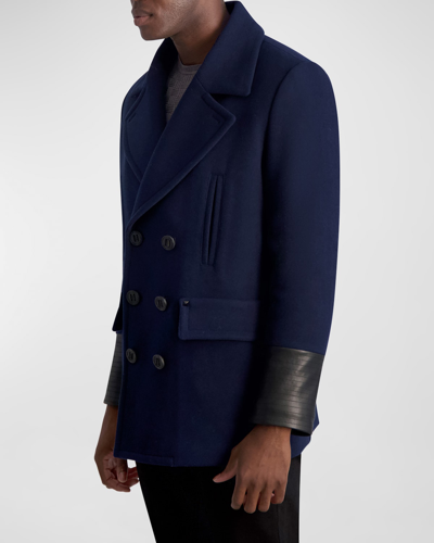 Shop Karl Lagerfeld Men's Wool Peacoat With Faux Leather Trim In Navy
