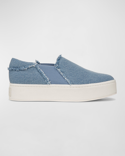 Shop Vince Warren Frayed Denim Slip-on Sneakers In Jeans Blue