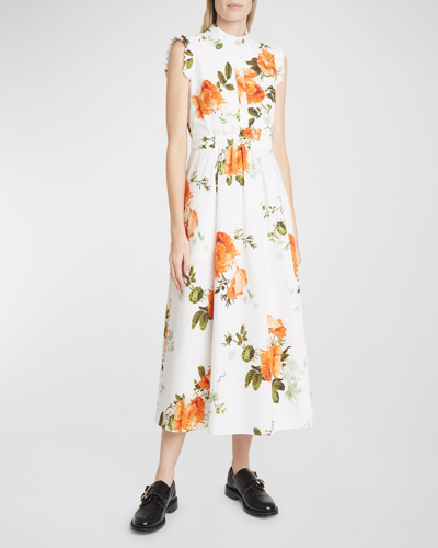 Shop Erdem Floral-print Ruffle Sleeveless Midi Shirtdress In White