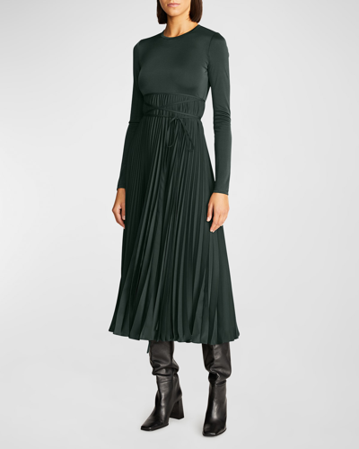 Shop Halston Doreen Pleated A-line Jersey Midi Dress In Dark Khaki