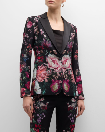 Shop Alice And Olivia Breann Floral-print Fitted Satin Blazer In After Midnight