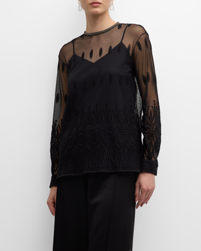 Shop Fabiana Filippi Vintage Embroidered Tulle Long-sleeve Top In Nero