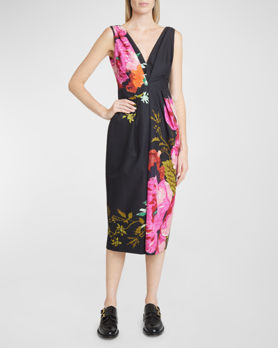 Shop Erdem Floral-print Pleated V-neck Sleeveless Midi Dress In Black