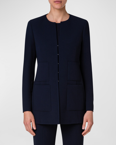 Shop Akris Collarless Wool Double-face Stretch Long Fitted Jacket In Navy