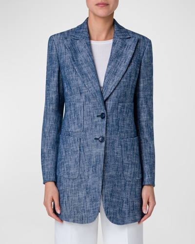 Shop Akris Yarn Dyed Cotton Stretch Diagonal Single-breasted Long Jacket In Denim