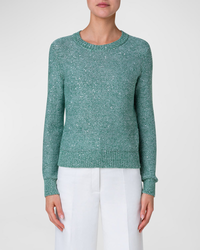 Shop Akris Linen Cotton Knit Pullover With Sequins In Leaf