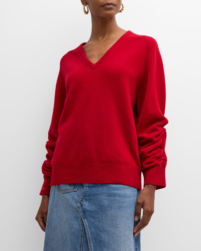 Shop Tory Burch Ruched-sleeve V-neck Wool Sweater In Red Hyacinth