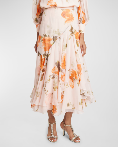 Shop Erdem Floral-print Asymmetric Tiered Silk Midi Skirt In Shell Pink